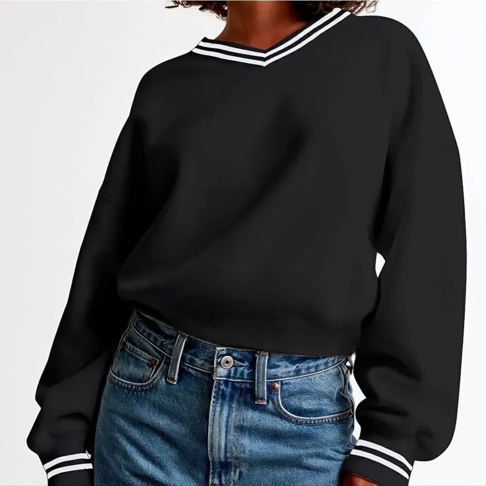 Better Together Women's Black V-Neck Pullover with Striped Ribbing